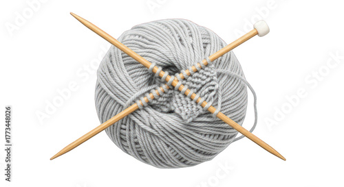 Gray yarn ball with knitting needles craft design against the transparent background