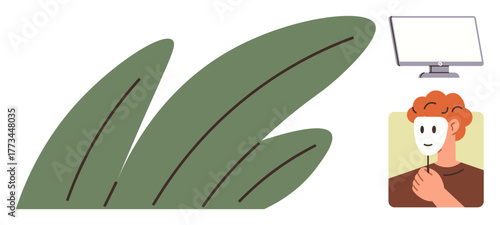 Human holding mask beside a computer screen and green leaves, symbolizing hidden identity, online interaction, privacy, authenticity, nature, disclosure, and modern challenges. Simple flat metaphor