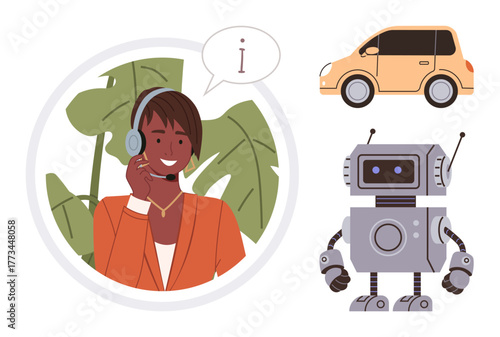 Smiling customer support agent wearing a headset, speech bubble with i, robot figure, yellow car. Ideal for technology, AI, automation, customer service, communication innovation futuristic