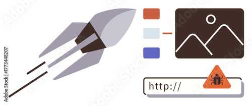 Rocket flying upward with dynamic streaks, image preview error, and a malware alert on a web address bar. Ideal for technology, cybersecurity, web design, innovation, warning, error handling agile
