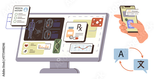 Computer displaying medical data, diagnostics, AI tools, and medication prescriptions. Hand holding smartphone with language translation. Ideal for healthcare, AI, innovation, accessibility