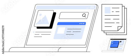 Laptop displaying search bar, image preview, and content cards. Stack of documents symbolizing information management. Ideal for research, education, business, data analysis, digital tools