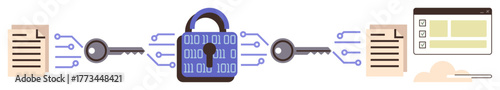 Lock with binary code, keys, and documents represent encryption. Ideal for cybersecurity, data protection, digital security, privacy, secure communication software coding. Simple flat metaphor