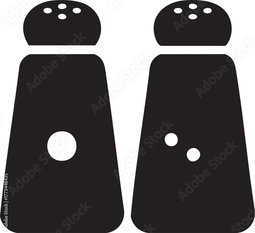 Two black salt and pepper shakers in silhouette isolated on white background