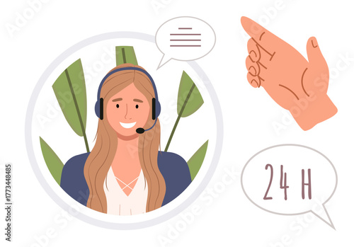 Smiling female support agent with headset surrounded by chat bubbles, pointing hand, and 24 H icon. Ideal for customer care, communication, assistance, availability, service, hotline simple flat