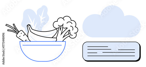 Bowl with carrot, banana, broccoli, and leaves alongside a cloud and database icon. Ideal for nutrition, food tracking, cloud storage, technology integration, digital health data management simple