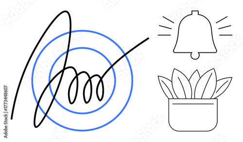 Dynamic loop over concentric circles, alert notification bell, and potted plant. Ideal for creativity, focus, mindfulness, growth, alerts planning achievement. Simple flat metaphor