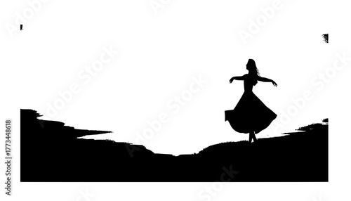 Elegant woman silhouette dancing on hill at sunset with flowing dress and colorful sky for lifestyle and design backgrounds