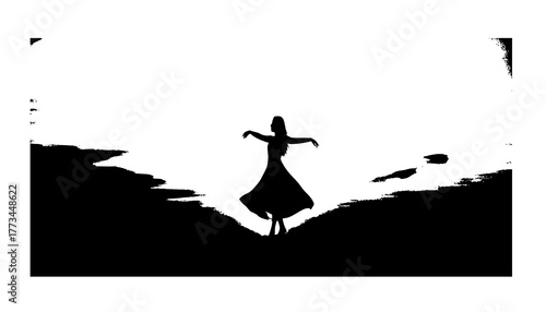 Elegant woman silhouette dancing on hill at sunset with flowing dress and colorful sky for lifestyle and design backgrounds