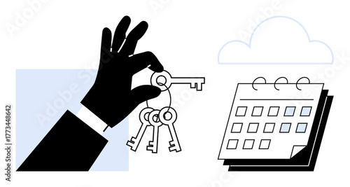 Hand holding keys, calendar with cloud in background. Ideal for time management, planning, scheduling, goal setting, unlocking potential, real estate, simple flat metaphor