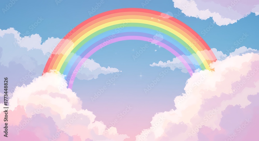 Naklejka premium Fantasy illustration of a bright rainbow shining in a gentle blue and pink sky with soft, fluffy clouds