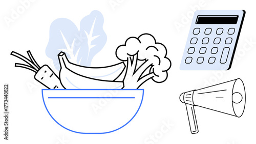 Bowl with vegetables and fruit including banana and broccoli, calculator for logical planning, megaphone for communication. Ideal for health, nutrition, budgeting, education, wellness, marketing