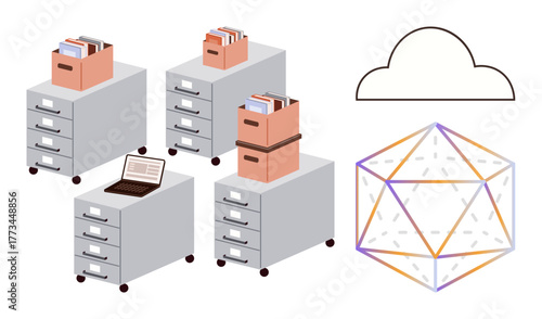 Office cabinets with files and a laptop, cloud icon, geometric structure symbolizing data. Ideal for cloud computing, data storage, organization, analytics, technology, digital workflow simple flat