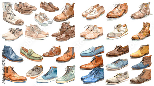 Watercolor illustration collection of men’s leather shoes and boots in various styles and colors. Perfect for fashion design, apparel catalog, product branding, and classic footwear concepts.