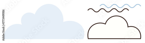 Cloud silhouette alongside outlined cloud with wavy lines above, denoting airflow and movement. Ideal for weather, environment, nature, design, simplicity, abstract concepts, and visual metaphors in