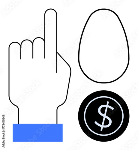 Minimalist hand pointing with an egg and a dollar coin. Ideal for finance, decision-making, investment, wealth management, savings, priorities, and budgeting. Minimal flat metaphor