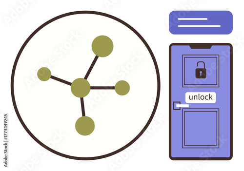 Connected nodes forming a network alongside a digital door with a lock and unlock text. Ideal for technology, security, data sharing, innovation, digital access, networking, simple flat metaphor