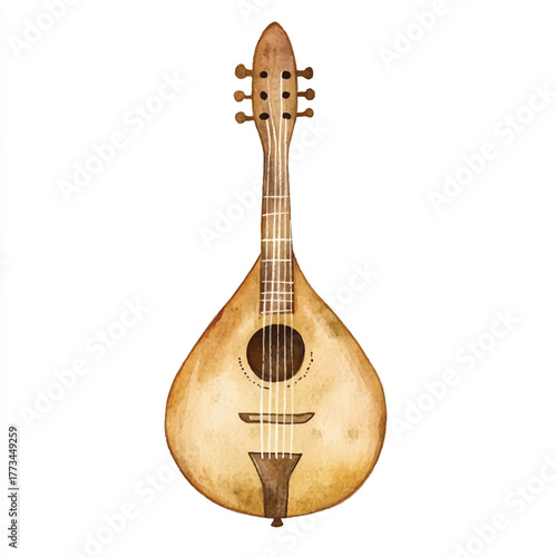 Detailed Watercolor Illustration of a PearShaped Mandolin with Intricate Details.