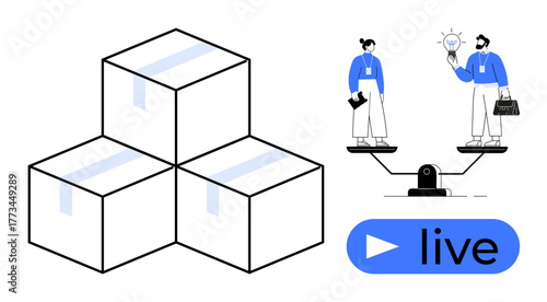 Stack of sealed boxes paired with team members balancing on a scale, exchanging ideas. Ideal for teamwork, logistics, balance, workflow, online meetings, innovation, live interaction simple flat