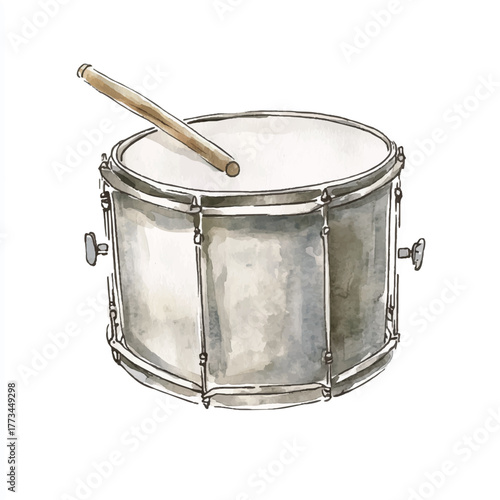 Detailed watercolor illustration of a shiny silver snare drum with a drumstick.