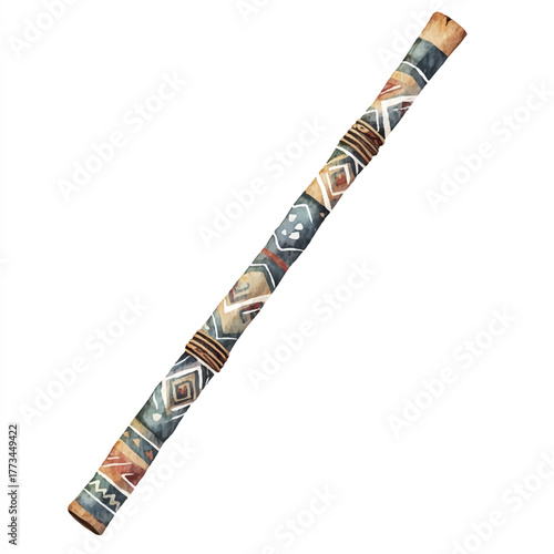 Didgeridoo musical instrument with tribal patterns and earthy tones.