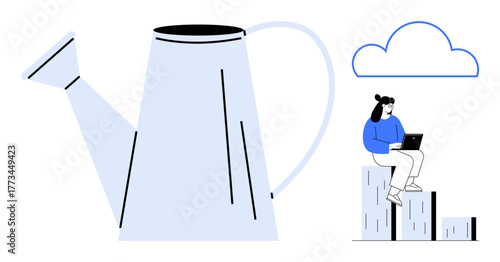 Large watering can alongside a woman sitting on bar chart steps, laptop in hand, with a cloud overhead. Ideal for growth, creativity, innovation, success, progress, digital transformation teamwork