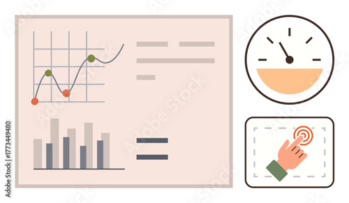 Graph, bar chart, speed gauge, and hand tapping screen illustrating analytics, measurement, interaction, data tracking, performance management, user experience and decision-making in a simple flat