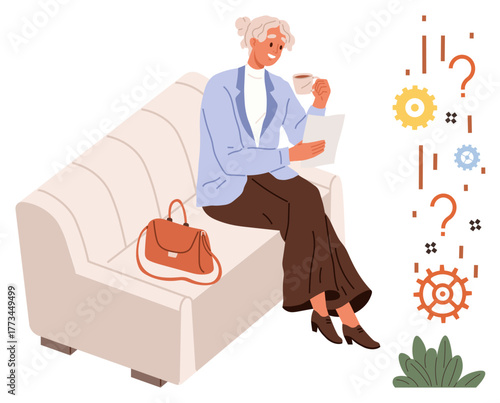 Elderly woman sits on a sofa, holding a tablet and drinking coffee. Gears, question marks, and abstract symbols illustrate problem-solving, creativity, learning, brainstorming, decision-making
