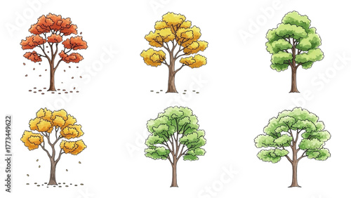 Collection of trees with colorful leaves representing different seasons