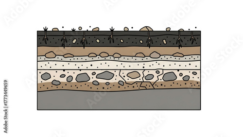 Cross-section Illustration of Soil Layers Composition and Structure Depiction