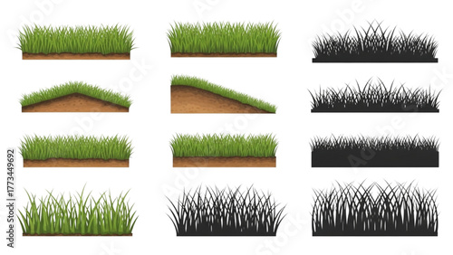 Realistic green grass tufts and silhouettes with soil layers, natural elements for design