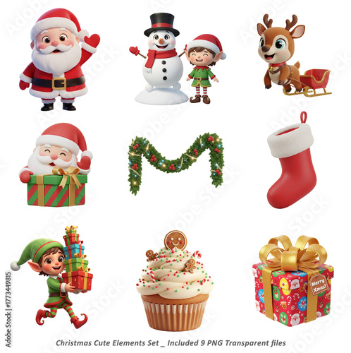 A cheerful 3D cartoon Christmas elements set featuring Santa Claus, reindeer, elf, snowman, wreath, cupcake, garland, stocking, and gift box. Perfect for festive greeting cards, holiday stickers,.