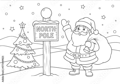 Festive cartoon Santa Claus with a gift sack waving at the North Pole sign, a fun Christmas holiday coloring page for kids