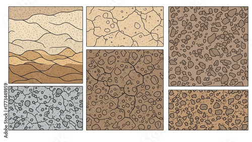 Six illustrations of various soil types and textures, showing geological cross-sections