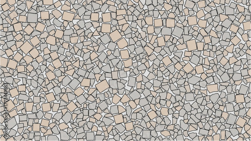 Abstract background with a dense random pattern of beige and gray cobblestone tiles