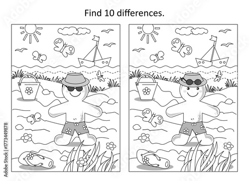 Gingerbread man in summer on a beach difference game. Picture puzzle and coloring page.