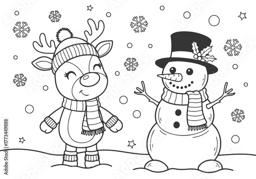 Cute Winter Friends Coloring Page Featuring Reindeer and Snowman in a Festive Scene, Printable 7