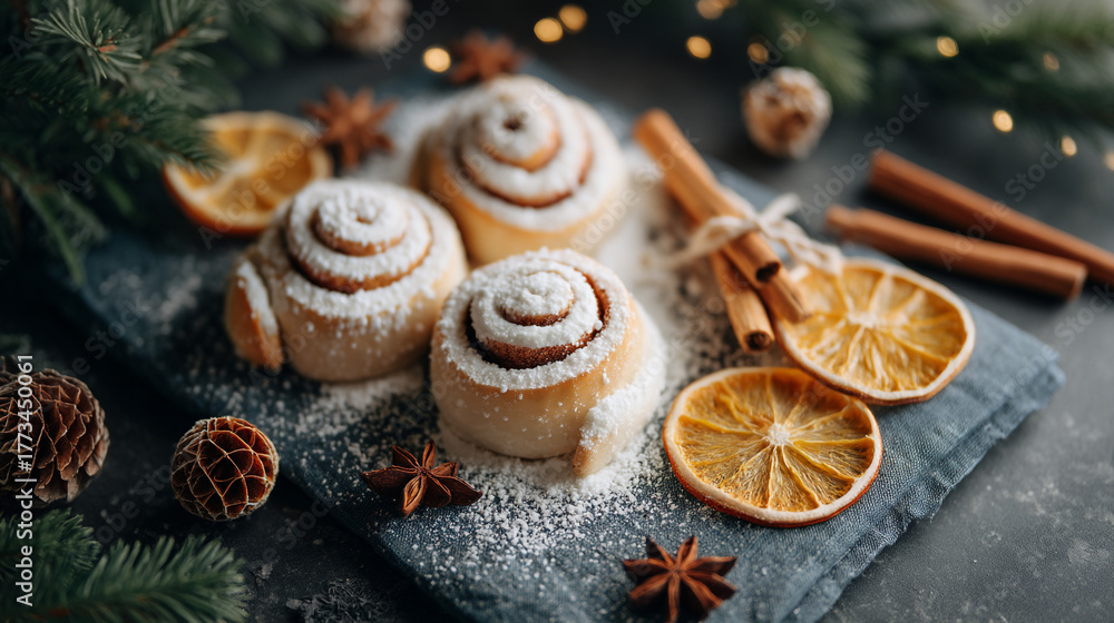 Fototapeta premium Cinnamon rolls with powdered sugar and dried oranges on a dark surface