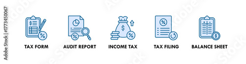Tax and Audit banner web icon illustration concept with icon of tax form, audit report, income tax, tax filing, and balance sheet