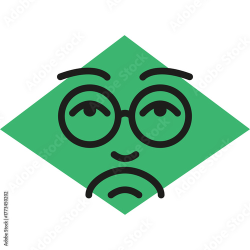 Schilderij op canvas Green Diamond Shape With A Cartoon Face Wearing Glasses And A Sad Expression On