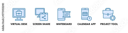 Remote Work Tools banner web icon illustration concept with icon of virtual desk, screen share, whiteboard, calendar app, and project tool