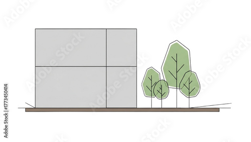 Conceptual illustration of a sleek modern building harmoniously integrated with green natural elements, symbolizing sustainable urban living