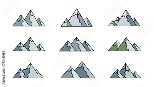 Collection of Modern Geometric Mountain Landscape Vector Icons for Outdoor Design Concepts