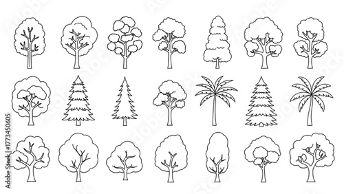 Collection of minimalist tree outline vector icons for graphic design and nature concepts