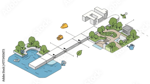 Urban Planning Visualization Bridge to Green Spaces Illustration