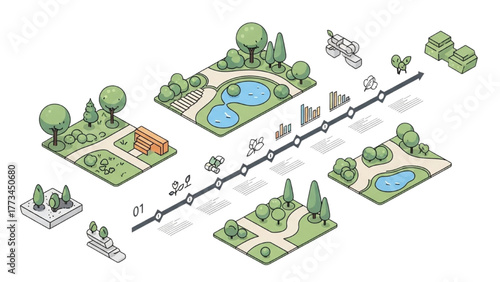 Isometric Illustration of Urban Park Development Timeline with Green Spaces and Pathways