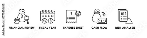 Tax and Audit banner web icon illustration concept with icon of financial review, fiscal year, expense sheet, cash flow, and risk analysis