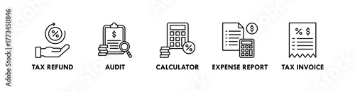 Tax and Audit banner web icon illustration concept with icon of tax refund, audit, calculator, expense report, and tax invoice