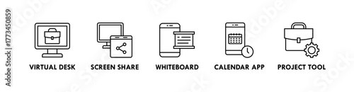 Remote Work Tools banner web icon illustration concept with icon of virtual desk, screen share, whiteboard, calendar app, and project tool
