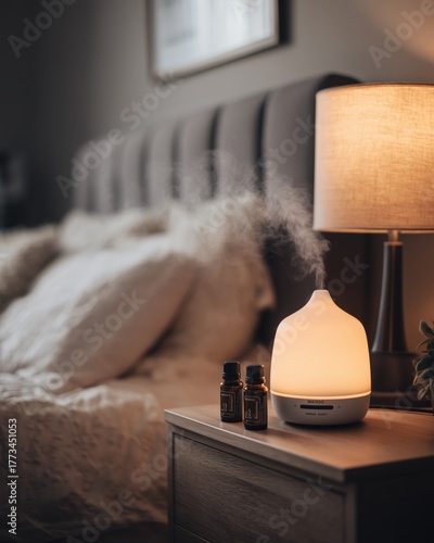 Stylish aroma diffuser with essential oils on bedside table in cozy bedroom setting